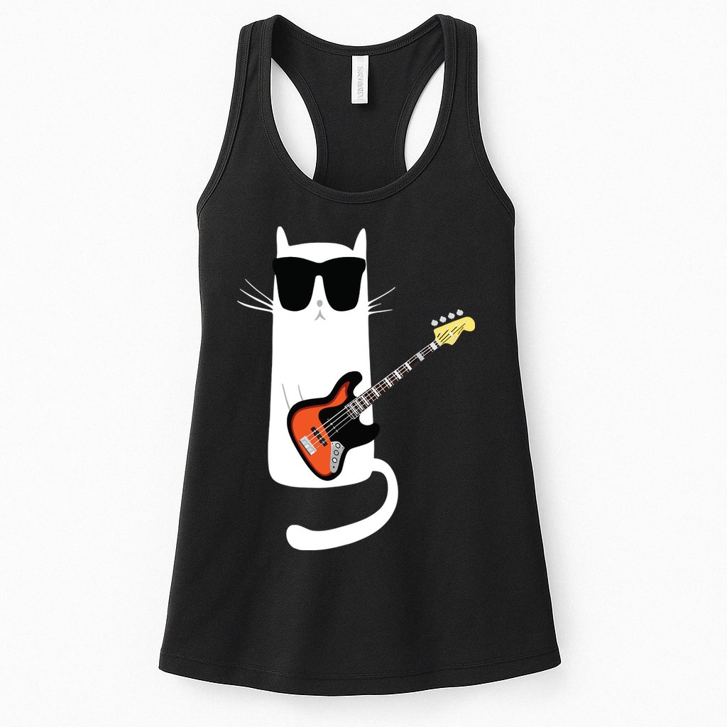 Funny Cat Wearing Sunglasses Playing Bass Guitar Womens Tank Top
