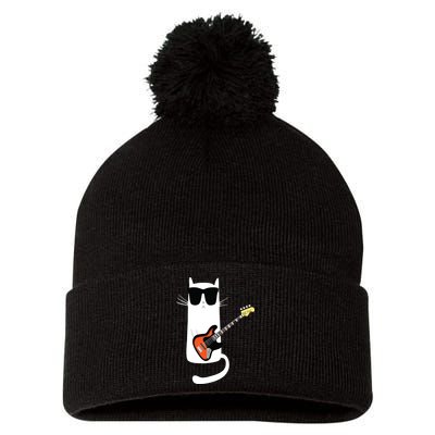 Funny Cat Wearing Sunglasses Playing Bass Guitar Pom Pom 12in Knit Beanie