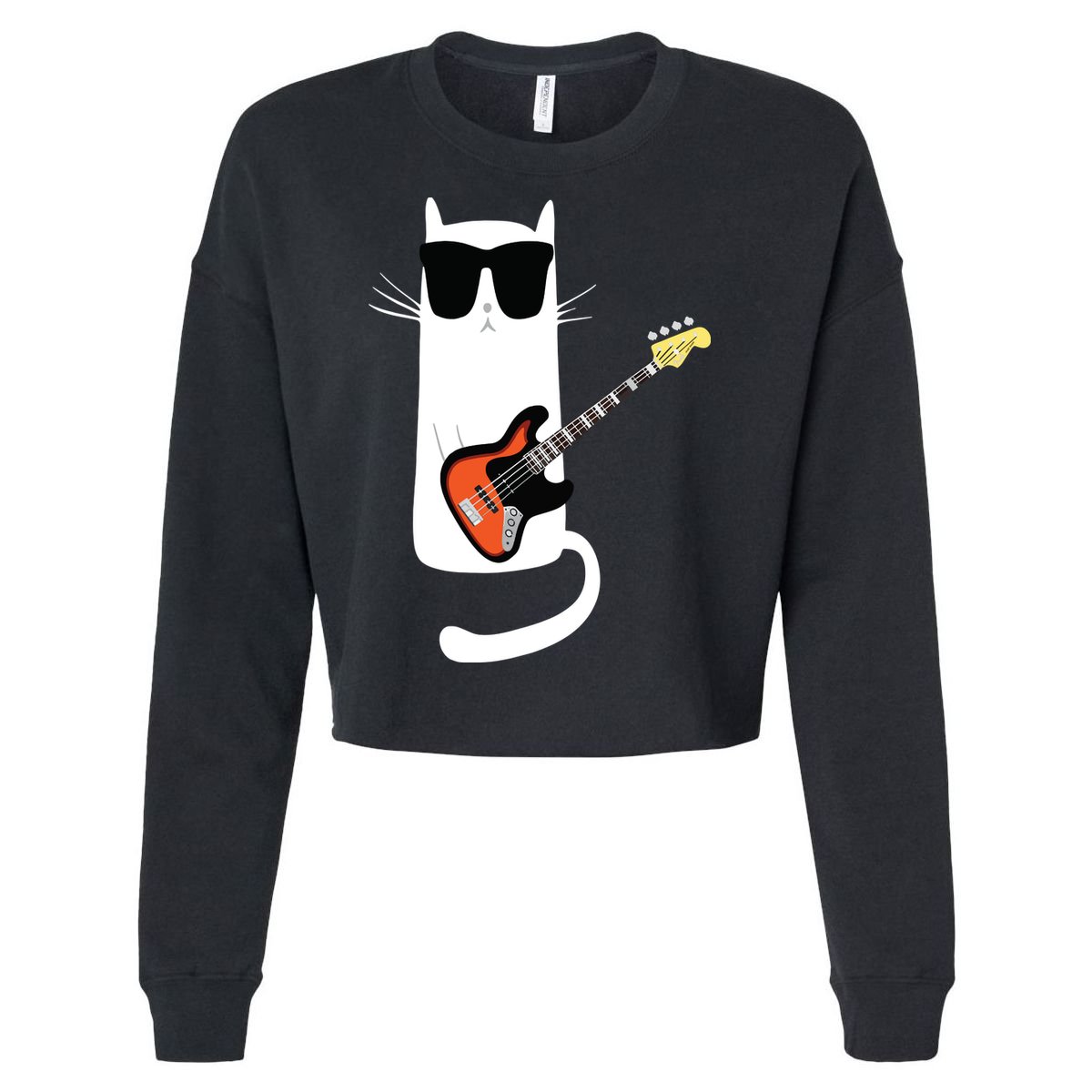 Funny Cat Wearing Sunglasses Playing Bass Guitar Cropped Pullover Crew