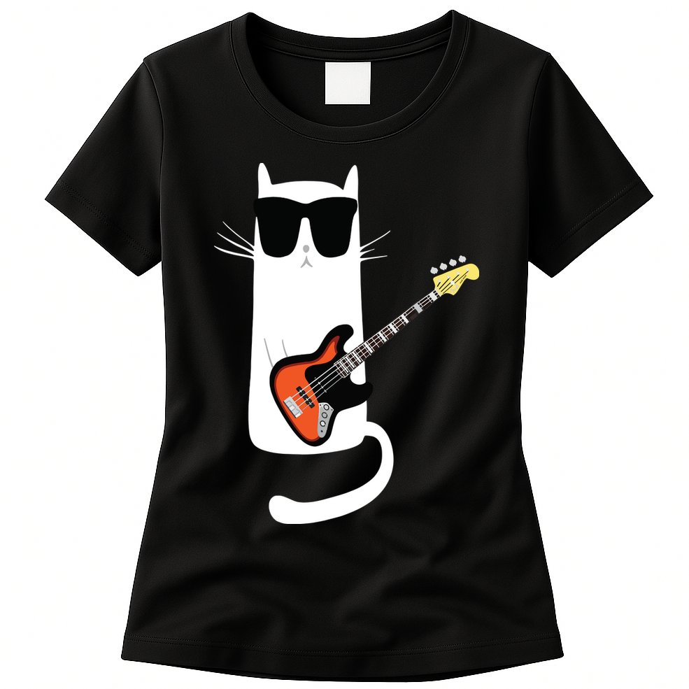 Funny Cat Wearing Sunglasses Playing Bass Guitar Womens T-Shirt