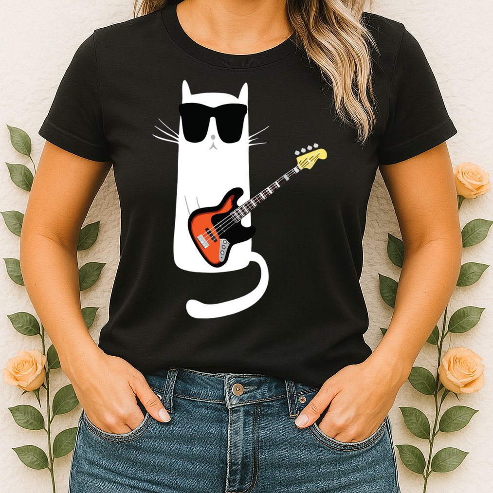 Funny Cat Wearing Sunglasses Playing Bass Guitar Womens T-Shirt