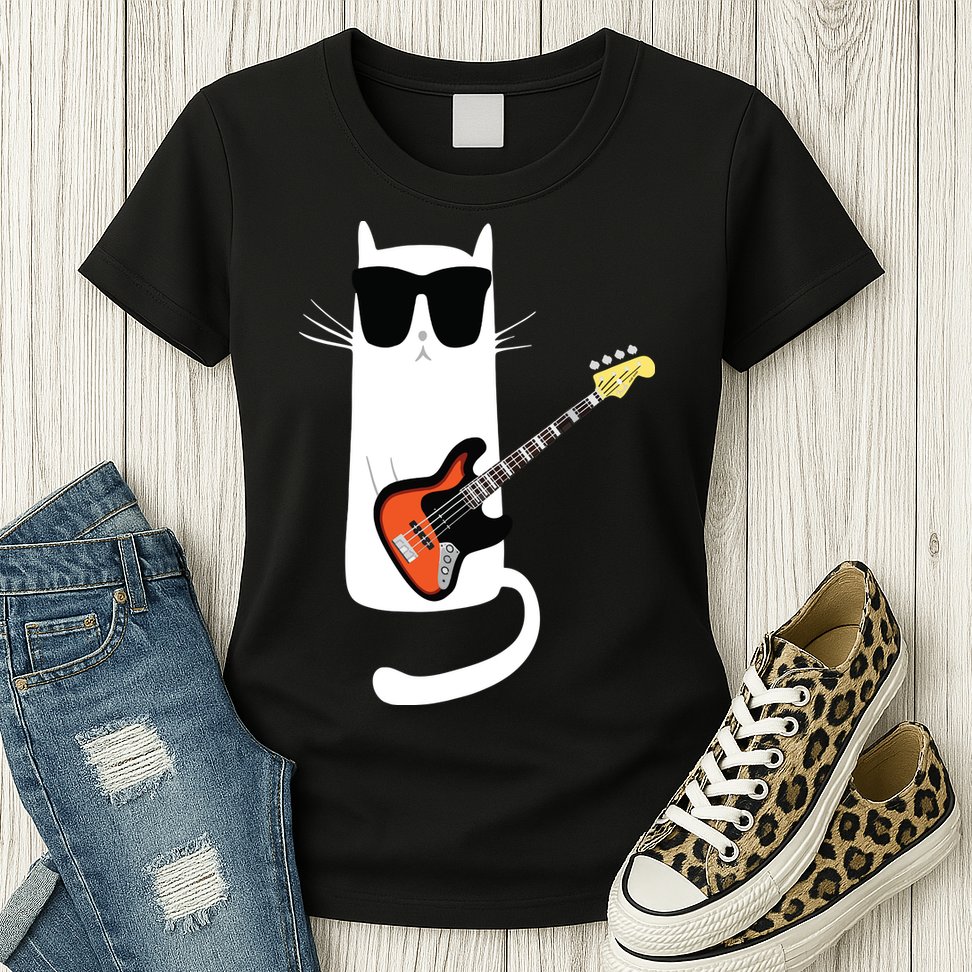 Funny Cat Wearing Sunglasses Playing Bass Guitar Womens T-Shirt