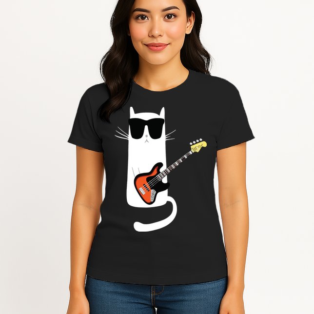 Funny Cat Wearing Sunglasses Playing Bass Guitar Womens T-Shirt