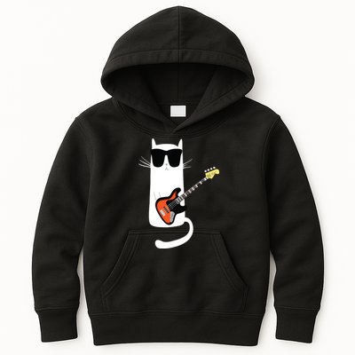 Funny Cat Wearing Sunglasses Playing Bass Guitar Kids Hoodie