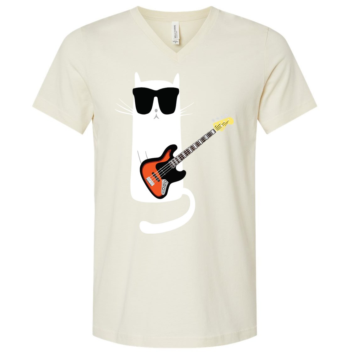 Funny Cat Wearing Sunglasses Playing Bass Guitar V-Neck T-Shirt