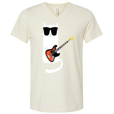 Funny Cat Wearing Sunglasses Playing Bass Guitar V-Neck T-Shirt