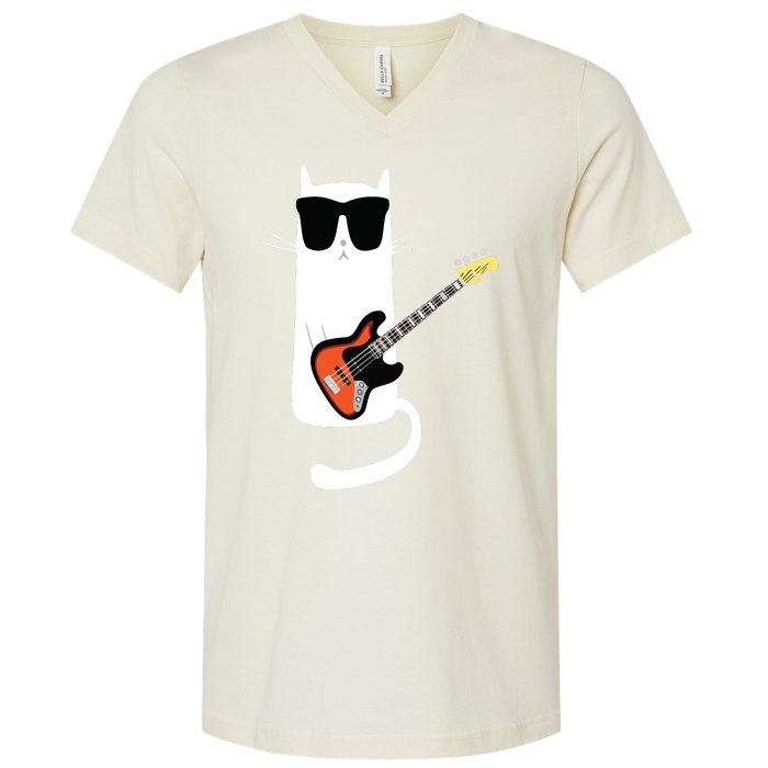 Funny Cat Wearing Sunglasses Playing Bass Guitar V-Neck T-Shirt