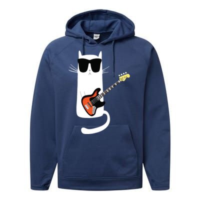 Funny Cat Wearing Sunglasses Playing Bass Guitar Performance Fleece Hoodie