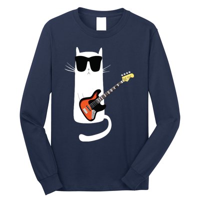 Funny Cat Wearing Sunglasses Playing Bass Guitar Long Sleeve Shirt