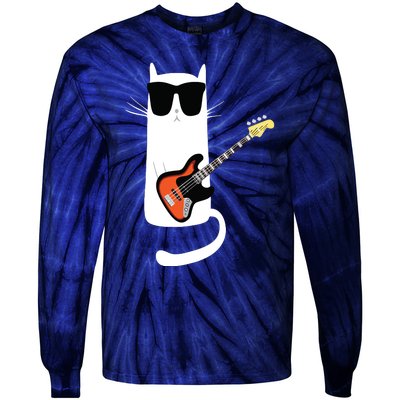 Funny Cat Wearing Sunglasses Playing Bass Guitar Tie-Dye Long Sleeve Shirt