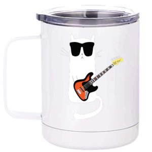 Funny Cat Wearing Sunglasses Playing Bass Guitar 12 oz Stainless Steel Tumbler Cup