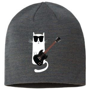 Funny Cat Wearing Sunglasses Playing Electric Guitar Sustainable Beanie