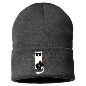 Funny Cat Wearing Sunglasses Playing Electric Guitar Sustainable Knit Beanie