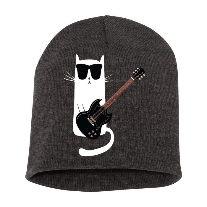 Funny Cat Wearing Sunglasses Playing Electric Guitar Short Acrylic Beanie