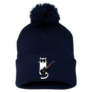 Funny Cat Wearing Sunglasses Playing Electric Guitar Pom Pom 12in Knit Beanie