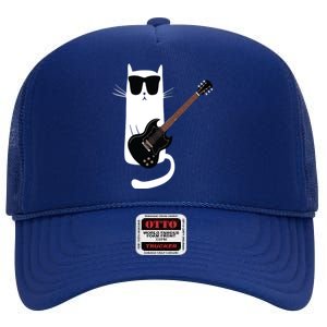 Funny Cat Wearing Sunglasses Playing Electric Guitar High Crown Mesh Back Trucker Hat