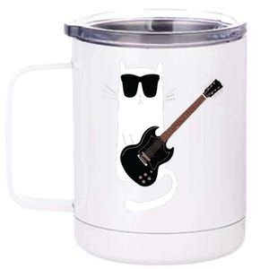 Funny Cat Wearing Sunglasses Playing Electric Guitar 12 oz Stainless Steel Tumbler Cup