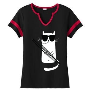 Funny Cat Wearing Sunglasses Playing Bassoon Ladies Halftime Notch Neck Tee