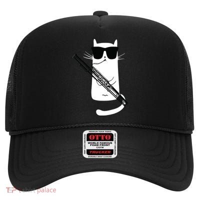 Funny Cat Wearing Sunglasses Playing Bassoon High Crown Mesh Back Trucker Hat