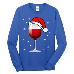 Funny Christmas Wine Glass Santa Hat Holiday For Wine Lovers Cute Gift Tall Long Sleeve T-Shirt