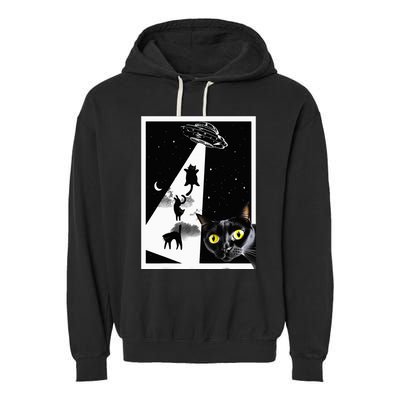 Funny Cats With Alien UFO Spaceship. Funny Cat Lovers Garment-Dyed Fleece Hoodie