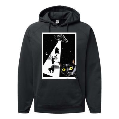 Funny Cats With Alien UFO Spaceship. Funny Cat Lovers Performance Fleece Hoodie