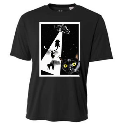 Funny Cats With Alien UFO Spaceship. Funny Cat Lovers Cooling Performance Crew T-Shirt