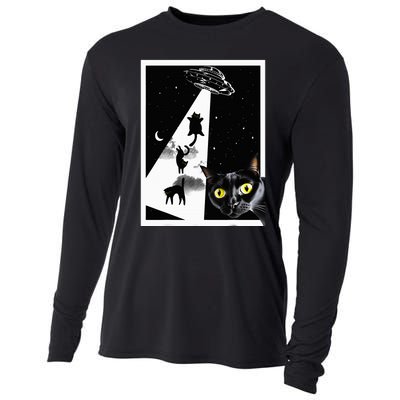 Funny Cats With Alien UFO Spaceship. Funny Cat Lovers Cooling Performance Long Sleeve Crew