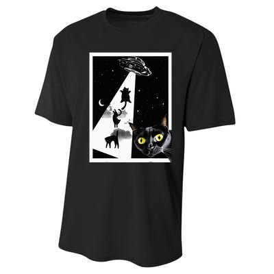 Funny Cats With Alien UFO Spaceship. Funny Cat Lovers Performance Sprint T-Shirt