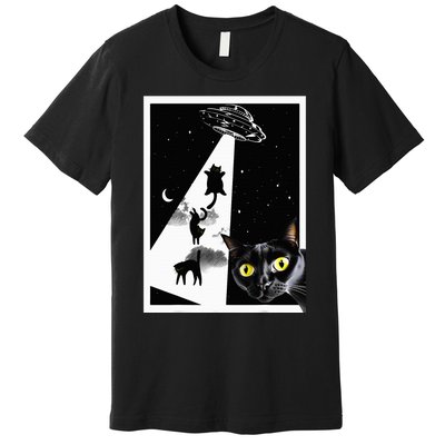 Funny Cats With Alien UFO Spaceship. Funny Cat Lovers Premium T-Shirt