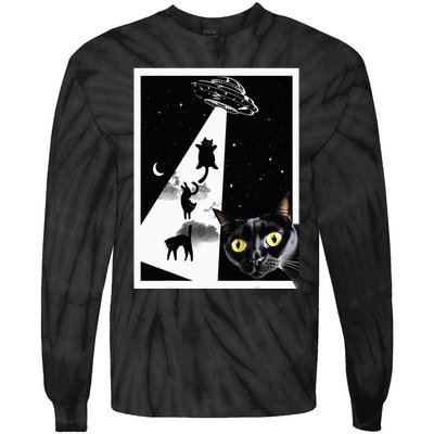 Funny Cats With Alien UFO Spaceship. Funny Cat Lovers Tie-Dye Long Sleeve Shirt