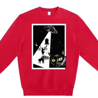 Funny Cats With Alien UFO Spaceship. Funny Cat Lovers Premium Crewneck Sweatshirt