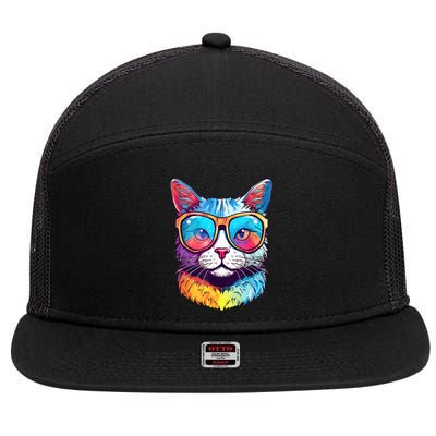 Funny Cat Wearing Sunglasses Cat Lover Cat Graphic Men Women 7 Panel Mesh Trucker Snapback Hat