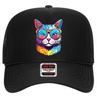 Funny Cat Wearing Sunglasses Cat Lover Cat Graphic Men Women High Crown Mesh Back Trucker Hat