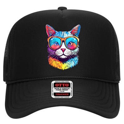 Funny Cat Wearing Sunglasses Cat Lover Cat Graphic Men Women High Crown Mesh Back Trucker Hat