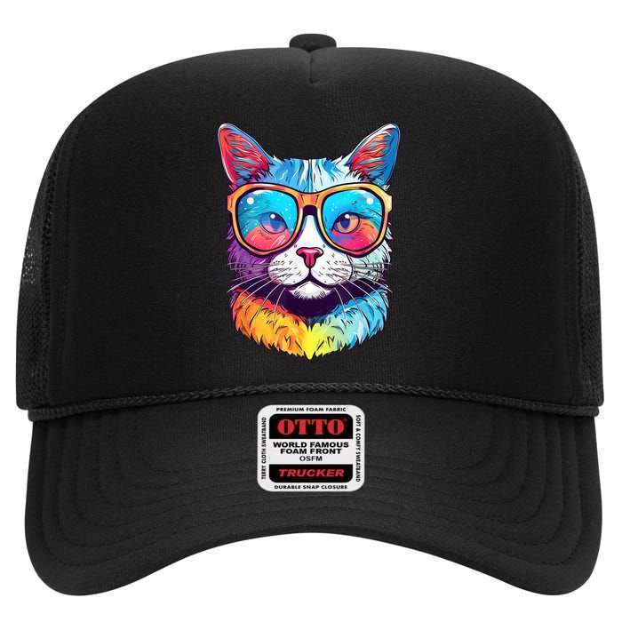 Funny Cat Wearing Sunglasses Cat Lover Cat Graphic Men Women High Crown Mesh Back Trucker Hat