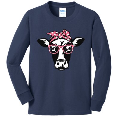 Funny Cow With Bandana Glasses Cute Cow Kids Long Sleeve Shirt