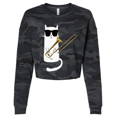 Funny Cat Wearing Sunglasses Playing Trombone Cropped Pullover Crew