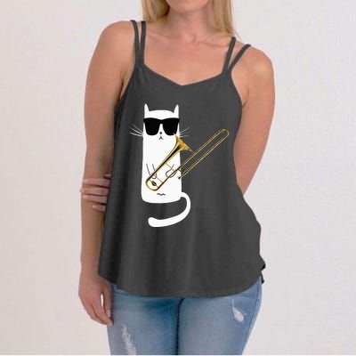 Funny Cat Wearing Sunglasses Playing Trombone Women's Strappy Tank