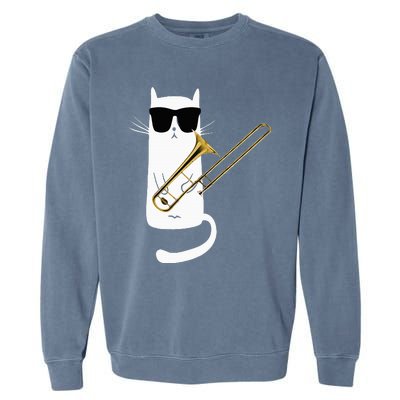 Funny Cat Wearing Sunglasses Playing Trombone Garment-Dyed Sweatshirt