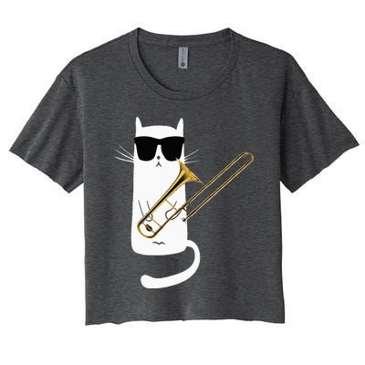 Funny Cat Wearing Sunglasses Playing Trombone Women's Crop Top Tee