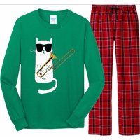 Funny Cat Wearing Sunglasses Playing Trombone Long Sleeve Pajama Set