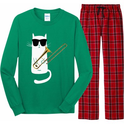 Funny Cat Wearing Sunglasses Playing Trombone Long Sleeve Pajama Set