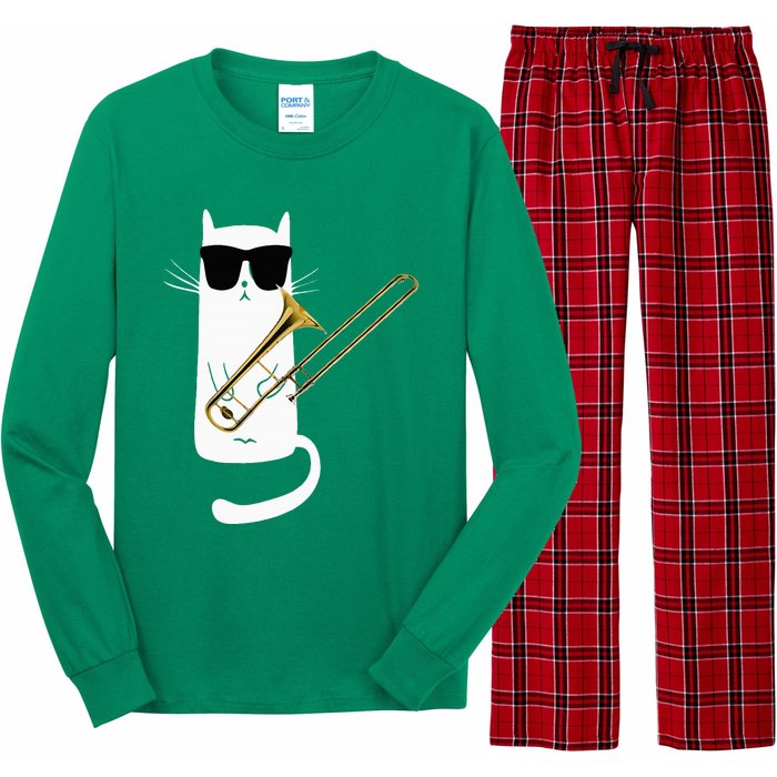 Funny Cat Wearing Sunglasses Playing Trombone Long Sleeve Pajama Set