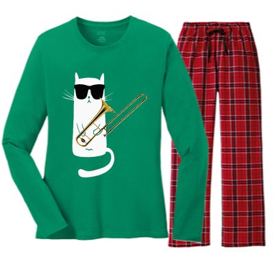 Funny Cat Wearing Sunglasses Playing Trombone Women's Long Sleeve Flannel Pajama Set 