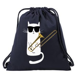 Funny Cat Wearing Sunglasses Playing Trombone Drawstring Bag