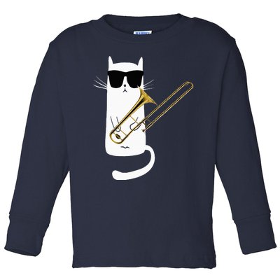 Funny Cat Wearing Sunglasses Playing Trombone Toddler Long Sleeve Shirt