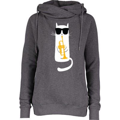 Funny Cat Wearing Sunglasses Playing Trumpet Womens Funnel Neck Pullover Hood