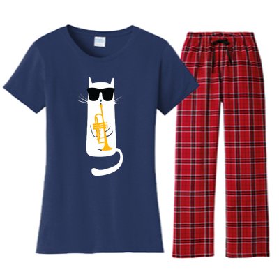 Funny Cat Wearing Sunglasses Playing Trumpet Women's Flannel Pajama Set