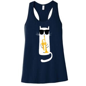 Funny Cat Wearing Sunglasses Playing Trumpet Women's Racerback Tank